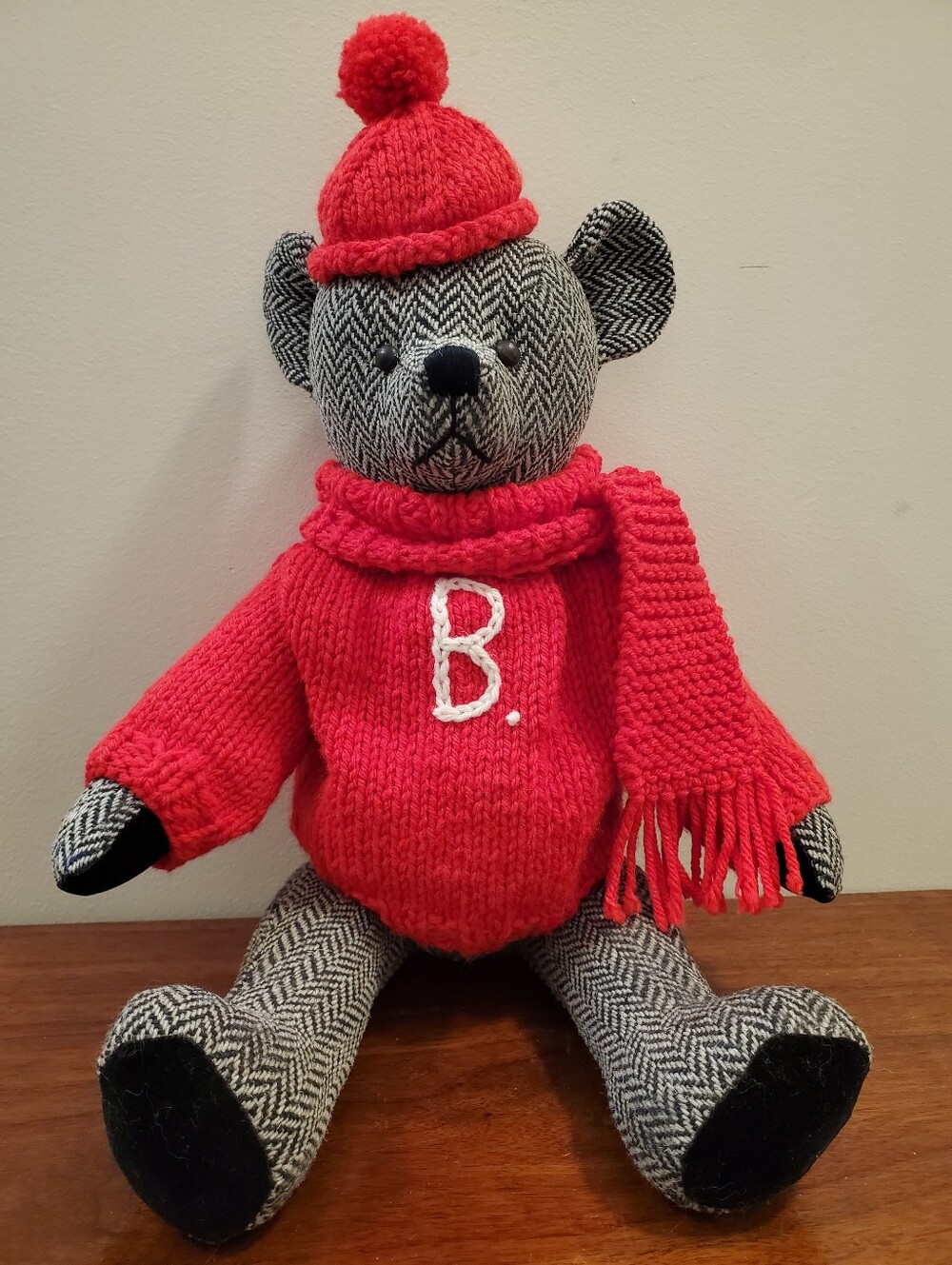 Herringbone Knit Teddy With Red Knit "B" Sweater,Hat And Scarf.